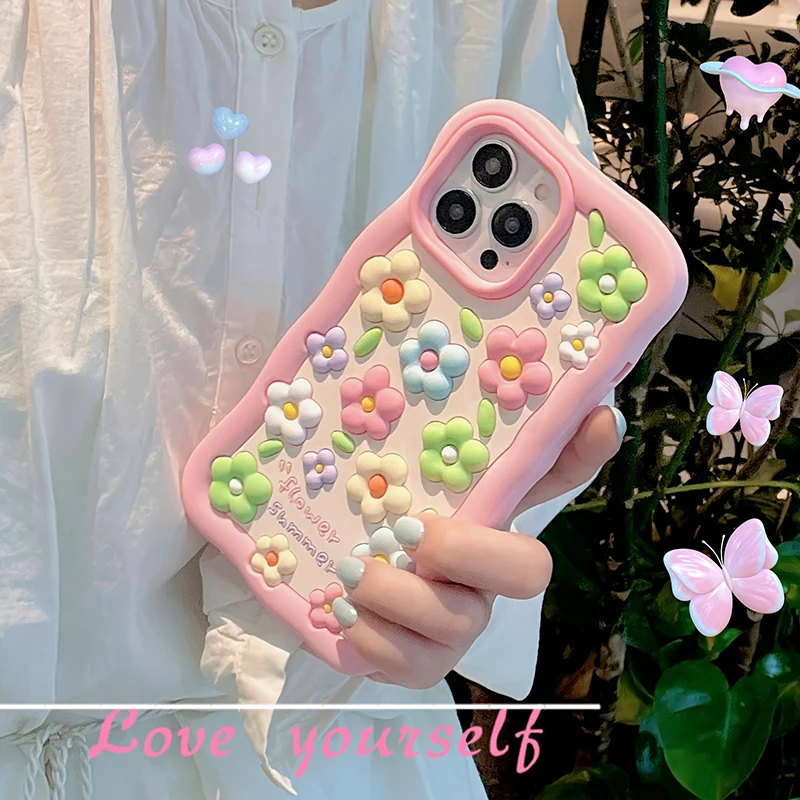 Cute Flower Soft Silicone stereoscopic 3D Case For iPhone15 13 11 12 14 Pro Max Luxury Shockproof Pink Floral Phone Cover: ABS