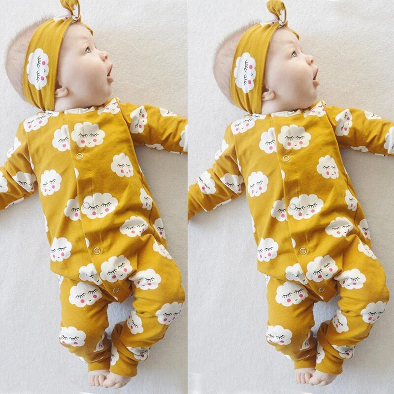 Schattige baby rompertjes babymeisje jongen cartoon romper lange mouwen jumpsuit playsuit outfits babykleding met hoofdband