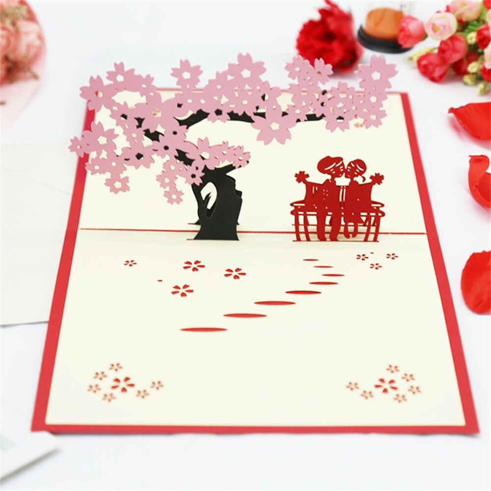 4pcs Cards Valentines Day Postcard Wedding Invitation Greeting Cards Anniversary for Her especially for you Love Card: 4pcs Sakura tree