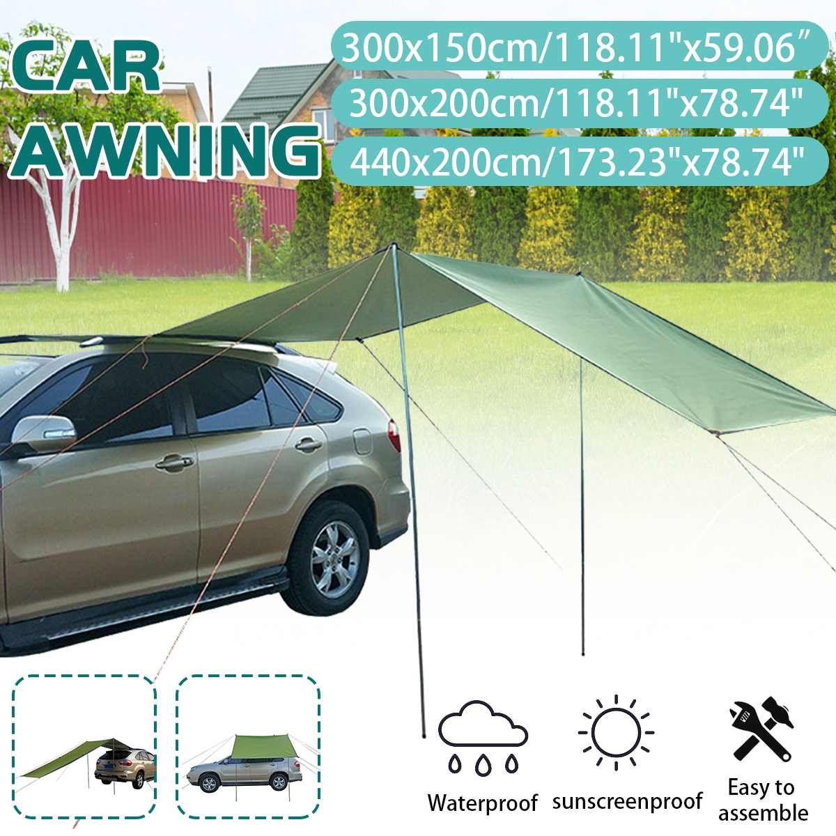 Portable Car Side Awning Camping Army Green Side Car Roof Oxford Cloth SUV Shelter Shade Waterproof Accessories Car Sunshelter