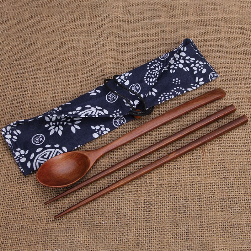 Juego de cubertería de madera para Sushi japonés, palillos de estilo chino, cuchara, portátil, conjunto de viaje con bolsas de almacenamiento