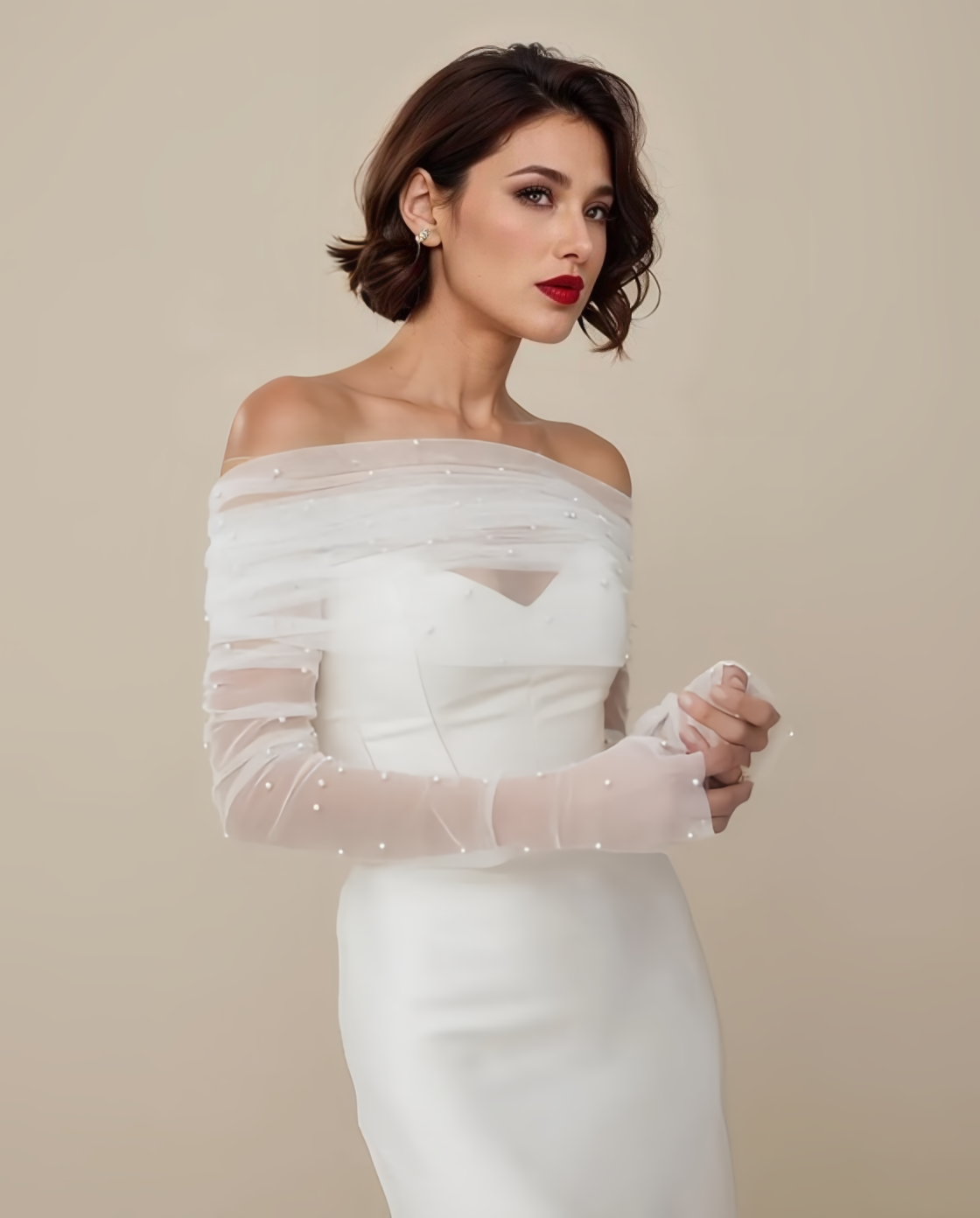 Ensemble portefeuille de mariée VG73, manches détachables, épaules de mariée, couverture de mariage, boléro de fête, veste transparente, gants amovibles: Ivoire