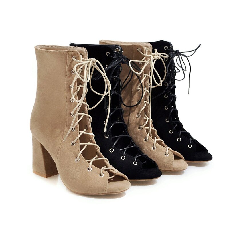 Morazora kvinnor ankelboots kors bundna peep toe sommarstövlar fyrkantiga högklackade stövlar klänning skor kvinna