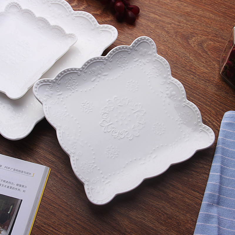 Pure White Ceramic Tableware Steak Plate Western Dish Embossed Dessert Flat Plate Disc Pasta Dish Fish Plate Fruit Tray