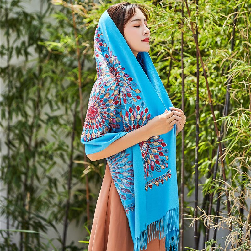 Vrouwen dikke kasjmier sjaals tibetaanse nepal zonnebloem sjaal borduurwerk kwast lange sjaal warme pashmina gebreide dames