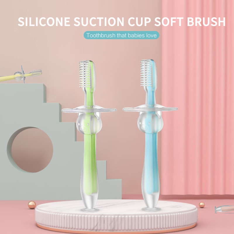 Cepillo de dientes de leche de silicona para entrenamiento de bebé, tres dimensiones con ventosa de pie, cepillo de dientes de silicona con deflector, superventas