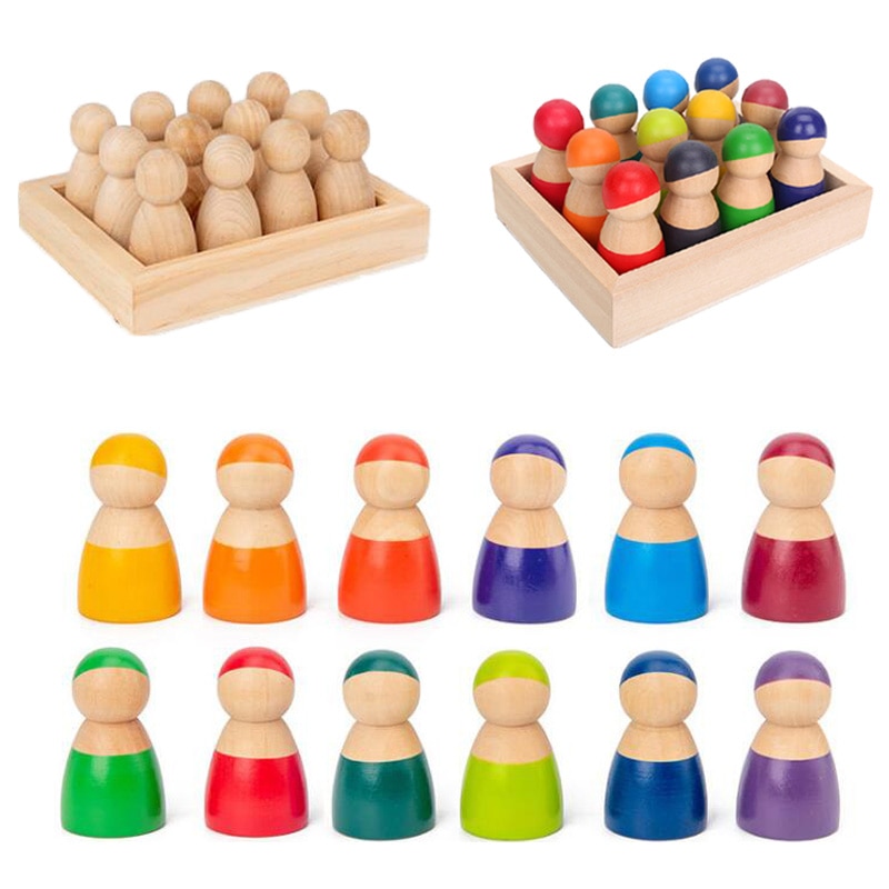 13 pièces/ensemble Montessori jouets en bois arc-en-ciel blocs amis Peg poupées corps bébé semblant jouer personnes FiguresRainbow empileur