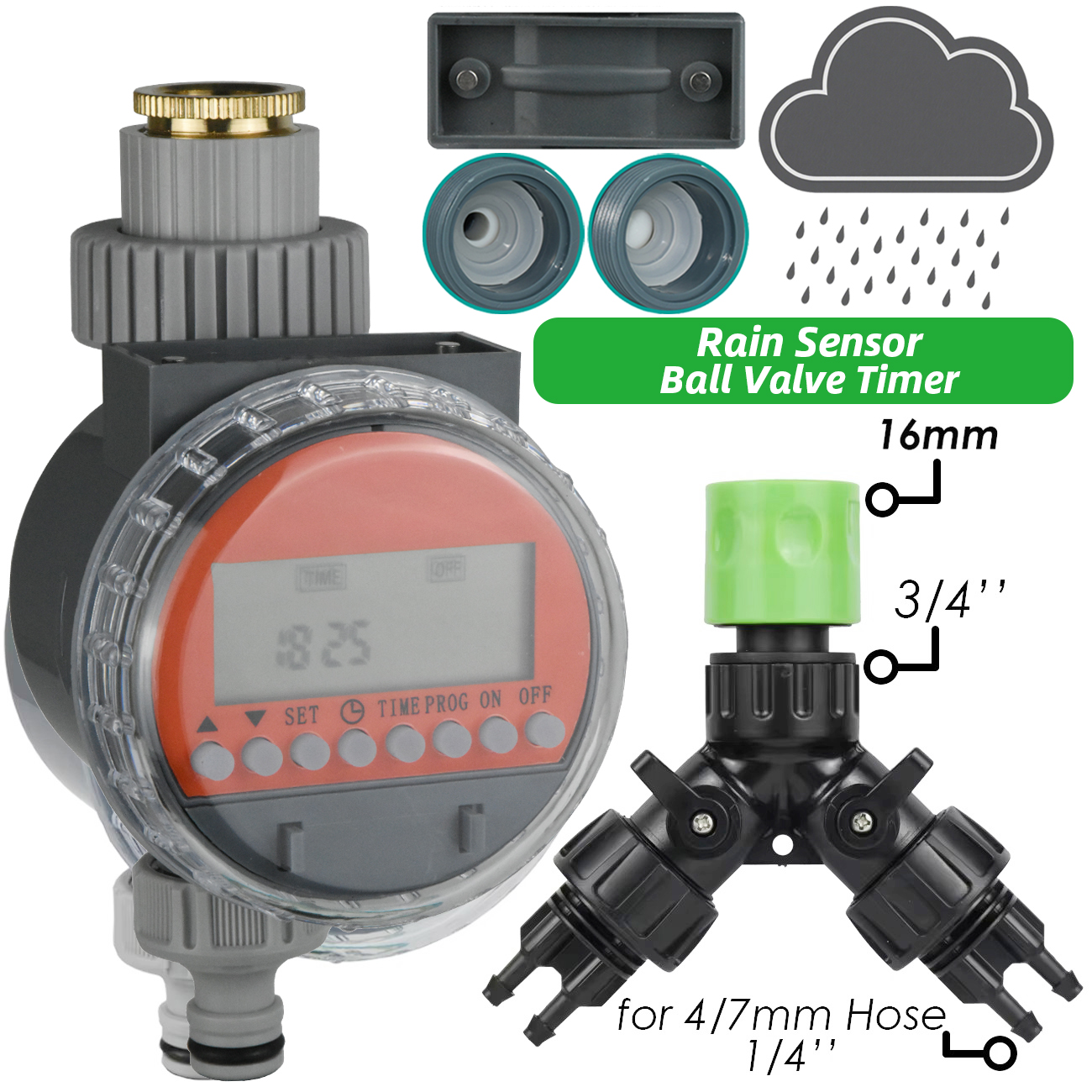 Zawór kulowy czujnika deszczu robić szklarni KESLA, bezciśnieniowy, z timerem robić automatycznego nawadniania, zestaw robić nawadniania kropelkowego, zbiornik na wodę.: żółty