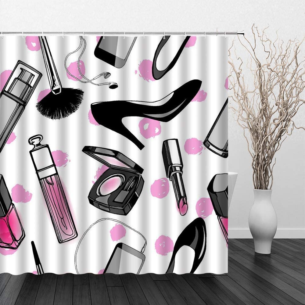 Moda moderna ragazza trucco tenda da doccia tacco alto rossetto smalto per unghie fard labbra modello cosmetico sfondo Set di decorazioni per il bagno: 180x210cm-70x83in