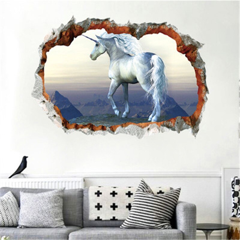 3D White Unicorn Wall Stickers For Kids Rooms Living Room Vinly Wall Decals Baby Bedroom Decorative Stickers Muursticker