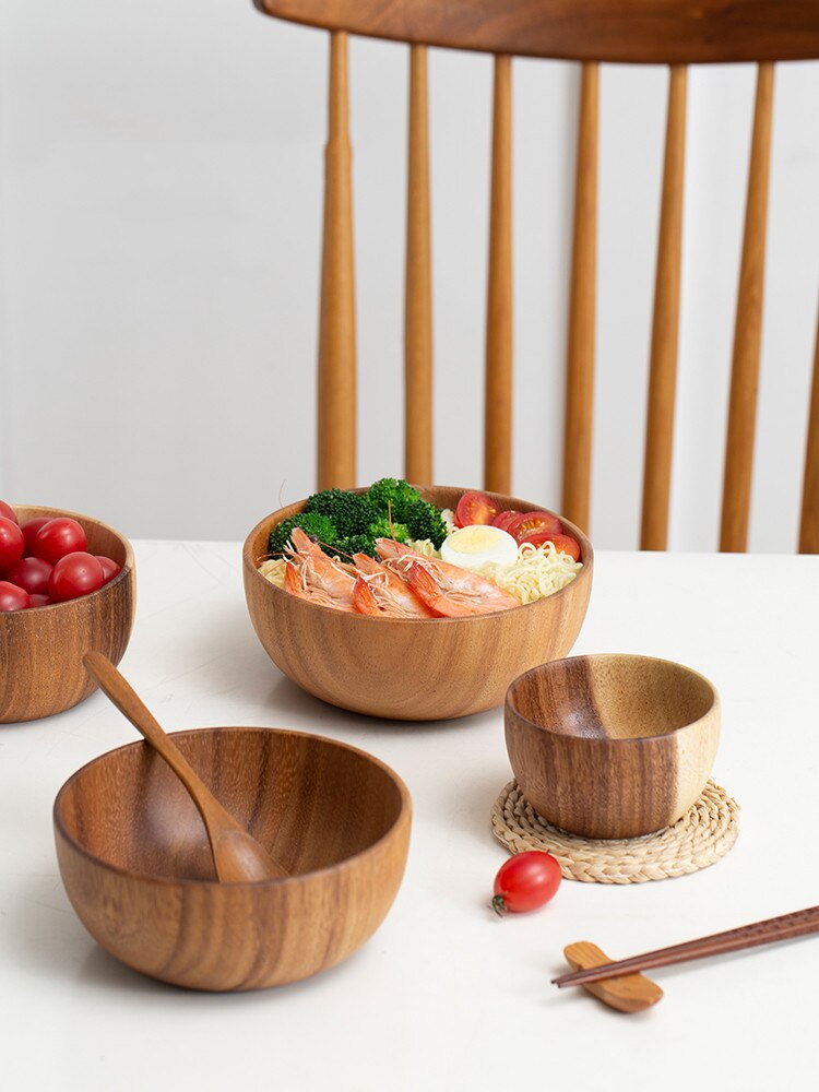 Cuenco de madera hecho a mano de estilo japonés, utensilios de cocina de madera de Acacia, tazón de Ramen para sopa, batidos, utensilio de cocina