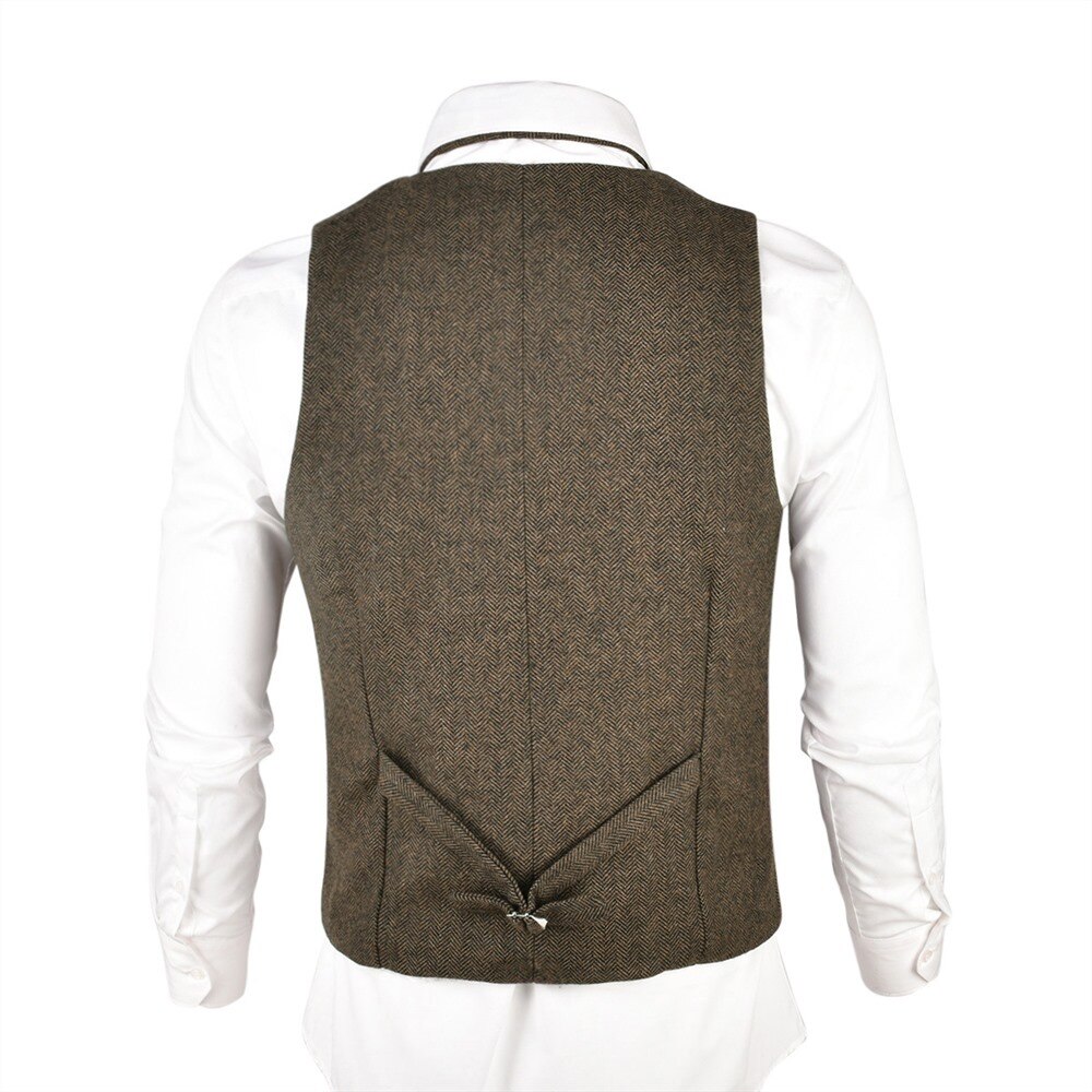 VOBOOM Wool Blend Tweed Herringbone Vest Coat Men Khaki Single-Breasted Notched Lapel Waistcoat 018