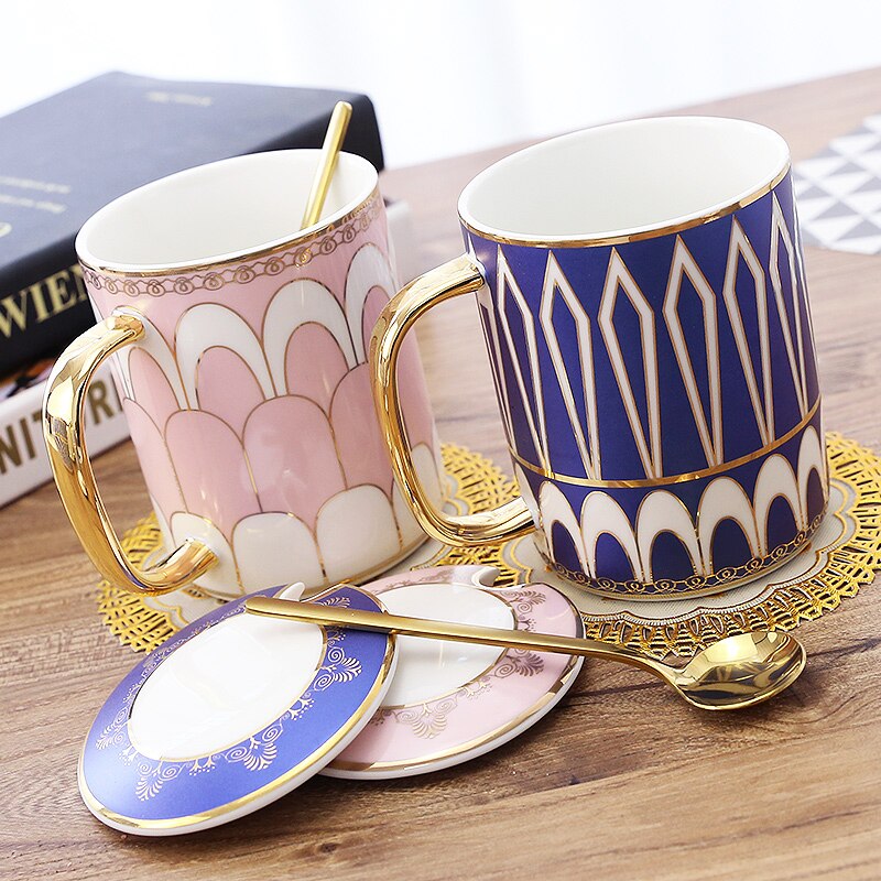 8 models Europe coffee mug Geometric Gold Line China Bone Milk Tea Cup Cover spoon travel mug Water cup 350ml
