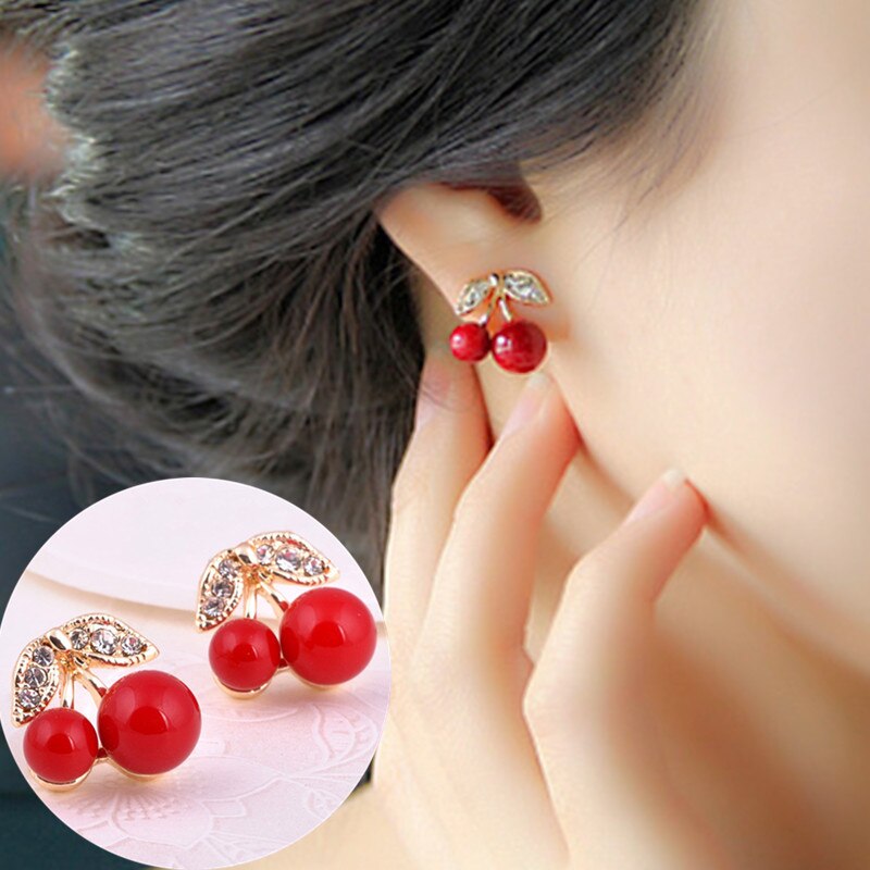 Neue Niedlich SchöNe rot Kirsche Ohrringe Strass Blatt Perle Zucht Ohrringe Für Frau Schmuck Boucle D'oreille