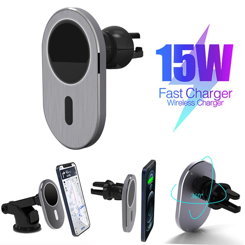Qi 15w magnetische kabellose ladegeräte für iphone 12 mini, pro max , 13 pro, stabile 360 °-drehung, kfz-steckdosen-handyhalterung, gps-halterung