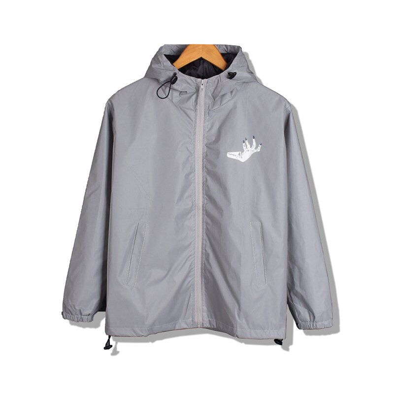 PRIMAVERA/otoño mano flores hombres cortavientos chaqueta reflectante casual hip hop harajuku streetwear noche brillante Abrigo con capucha