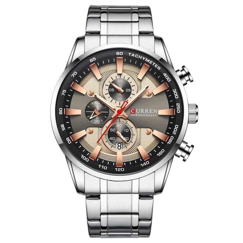 Curren Horloge Voor Mannen Top Black Gold Quartz Sport Horloge Heren Chronograaf Klok Datum Roestvrij Staal Mannelijke Horloges: Silver Grey