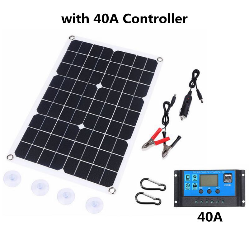 100W Solar Panel Kit 18V /5V Dual USB Port Off Grid Monocrystalline Solar Cell Charger + 10-60A Solar Controller for Mobie Phone: with 40A controller