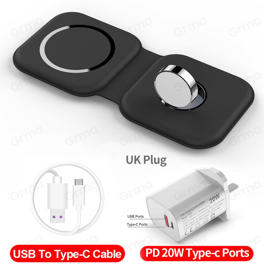 Caricabatterie Duo Wireless magnetico sicuro GRMA 2 in 1 Mag per iPhone 12 Pro Max mini 15W Qi caricabatterie rapido per Apple Watch iWatch AirPods: Black