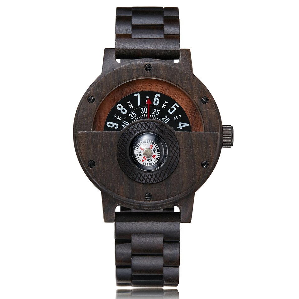 Creatieve Kompas Draaitafel Nummer Houten Horloge Mannen Volledige Hout Band Vintage Natuurlijke Hout Horloges Relogio relojes de madera: Black Wood
