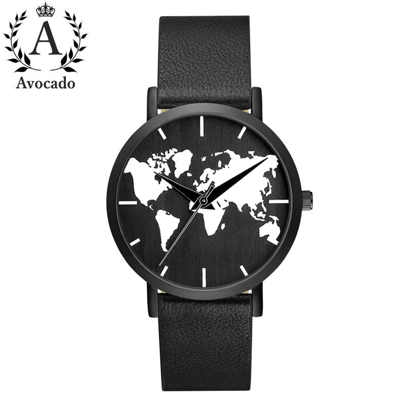 All Black World Map Watch Leather Strap Quartz Movement 3 Hands Men And Women Timer Clock: Default Title