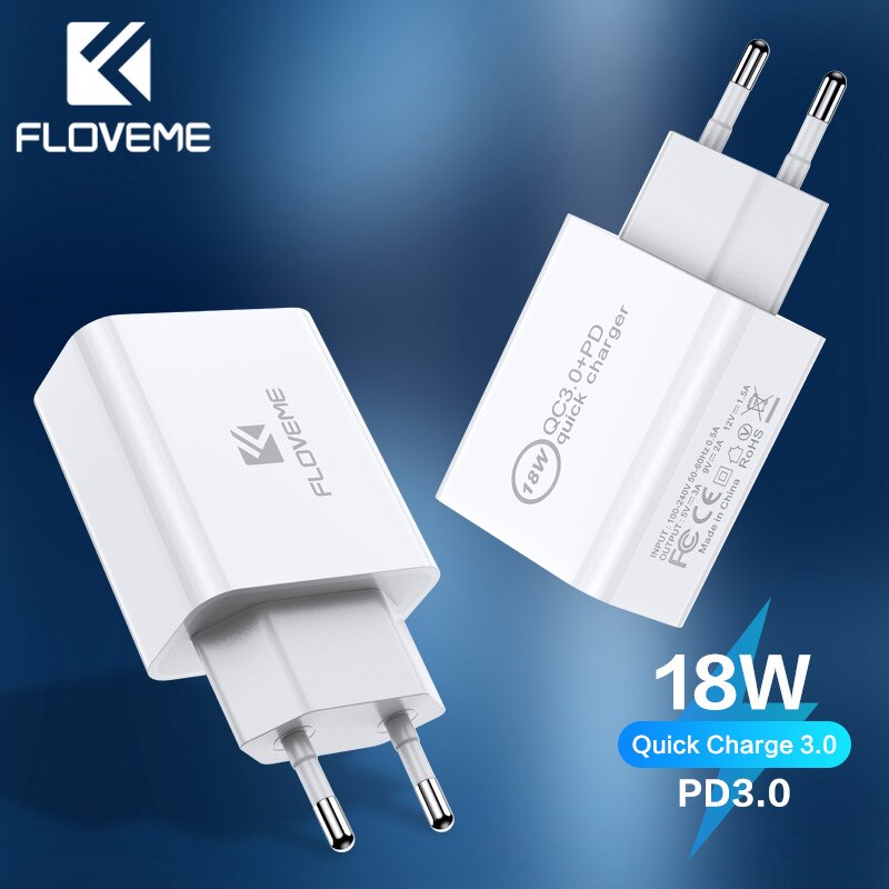 Floveme 18W Pd 3.0 Dual Port Quick Charge 3.0 Telefoon Oplader Voor Iphone Samsung Qc 3.0 Mobiele Telefoon Oplader snel Opladen