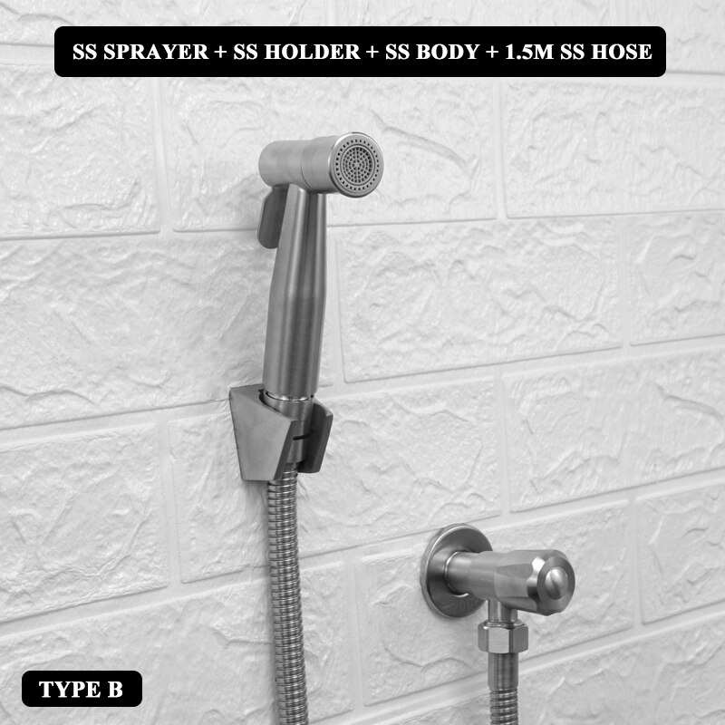 Brushed Stainless Steel Douche Kit Double Spray Handheld Bidet Sprayer Toilet Bidet Faucet Shattaf Valve Jet Set Hygienic Shower: B Whole Set SS Hose