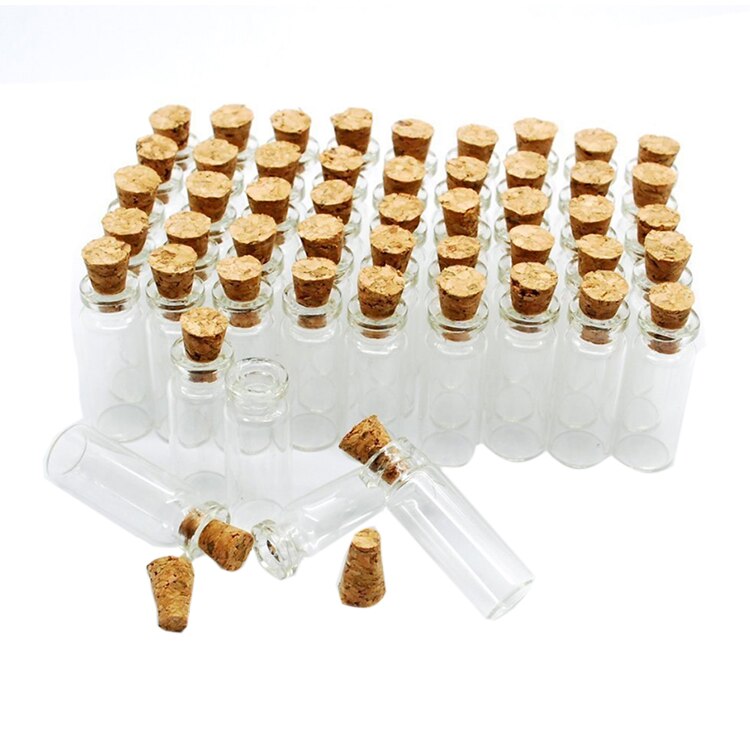 Botella de vidrio transparente pequeña, tapón de corcho, 1ml, 10 Uds.