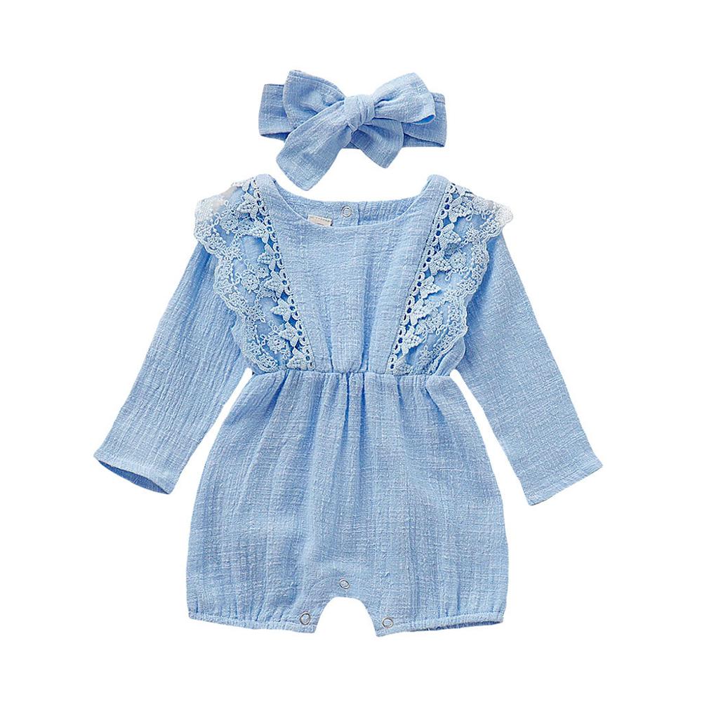 Autumn Winter Toddler Newborn Kids long sleeve lace Romper Infant Baby Girls Romper Jumpsuit Clothing Outfits Hair Band Outfit: Blue / 6M