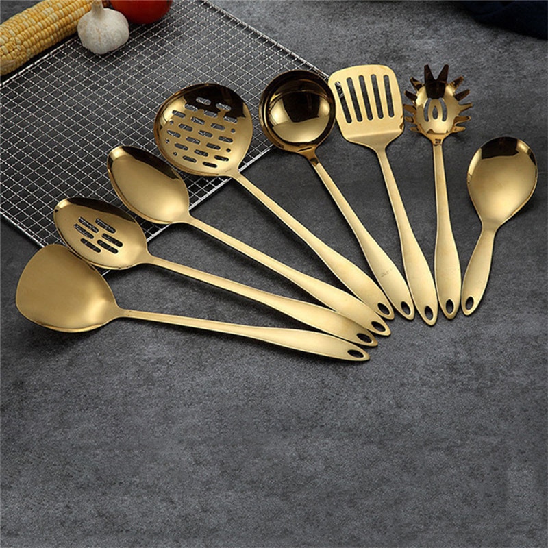 1pc guld titanium rustfrit stål køkkenredskaber ske skeovn køkkengrej køkkenredskaber cocina utensilios spatel slev køkkenudstyr