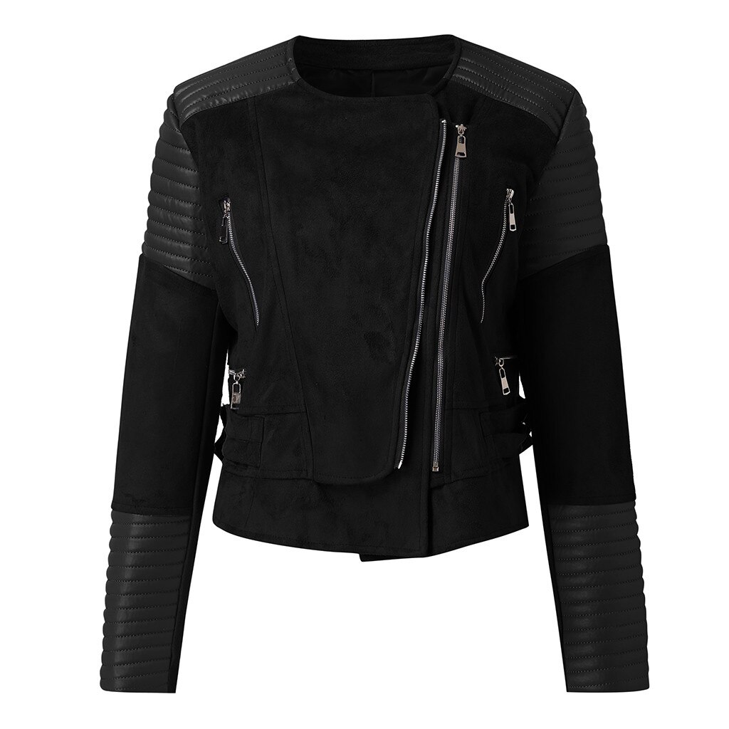 Jaqueta de couro feminina, couro vintage, com zíper, curta, simples, fina, casaco retrô, para motocicleta: Black / M