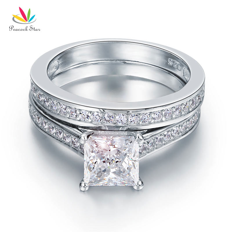 Peacock Star 1.5 Ct Princess Cut Solid 925 Sterling Silver 2-Pcs Wedding Promise Engagement Ring Set CFR8009S