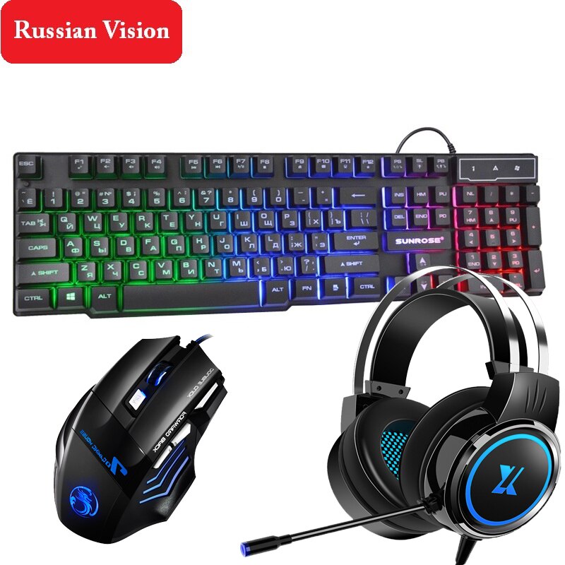 3 in 1 Gaming Keyboard Mouse Earphone Sets 3 Color Backlit EN/RU Keyboard 2400DPI Gaming Mice Headset Microphone For Laptop PC: Russian Combos