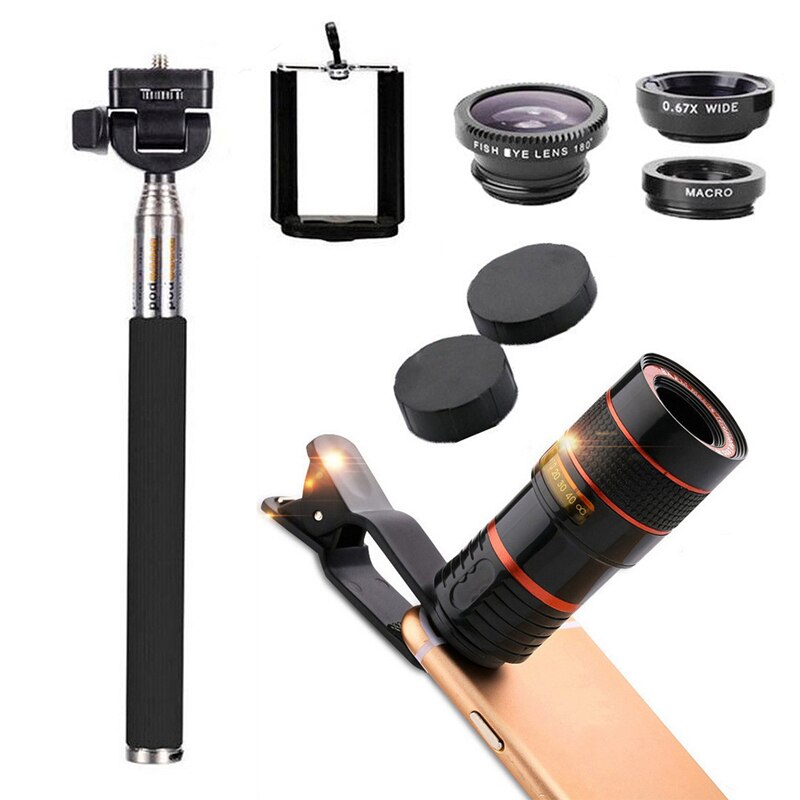 Universal 12X Zoom Telephoto Lens External Mobile Phone Camera Lens bluetooth Remote Kit with Holder Clip Tripod for phone