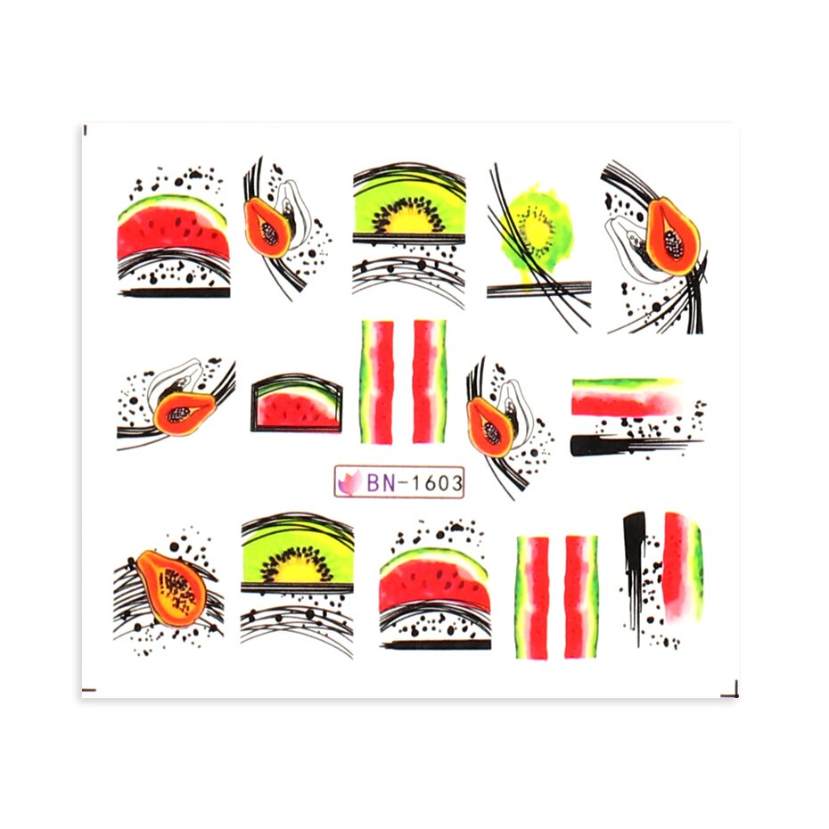 Sommer vand nail art klistermærker frugt med edderkoppe linjer transfer decals kiwi citron avocado manicure skyder bebn 1597-1608-1: Bn -1603