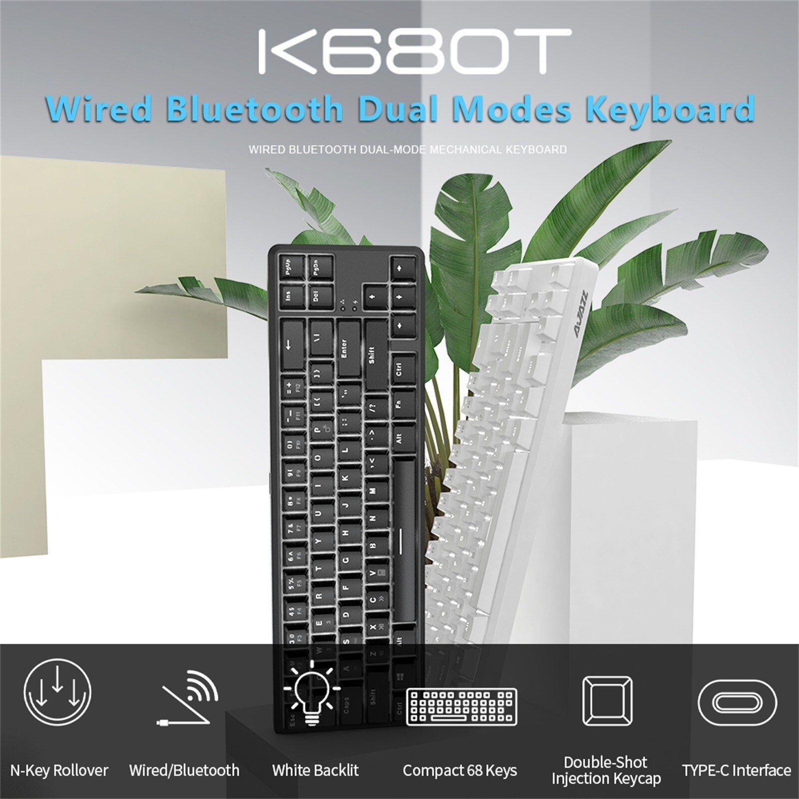 Snelle Levering K680t Bluetooth Dual Mode68 Toetsen Rode Schakelaar Led Backlight Mechanische Toetsenbord Voor Tablet Desktop Mechanische