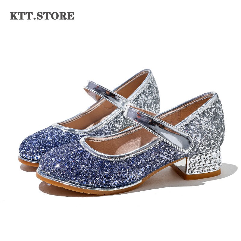 Glitter Girls' Dress Shoe with Wedding Ceremony Party White Sequin Shoes Heeled Children Bow High Heels Girls Shoes Princess New