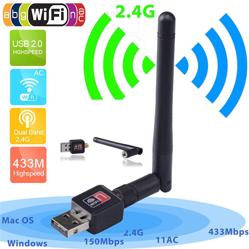 Adaptador wifi usb banda dupla, 150mbps mini usb adaptador wifi 2.4/5ghz com antena 802.11ac alta velocidade usb lan conectores ethernet