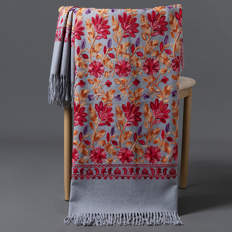 Bufanda de Cachemira con bordado Floral de lujo para mujer, chal cálido de invierno, Pashmina suave y grueso, Foulard, manta con borlas para mujer, bufandas: Gris