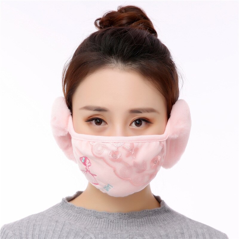 Kvinder øreprop tøj tilbehør kvindelige øreprop maske blonder plus fløjl kvinder vinter øreprop wrap band øre varmere øreprop: Lyserød