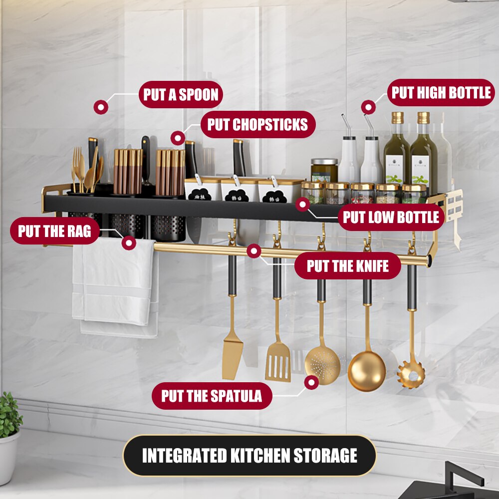 Luxury Kitchen Storage Shelf Wall-mounted Spice Rack Aluminum Multifunctional Storage Rack Kitchen Spice Shelf Kitchen Organizer