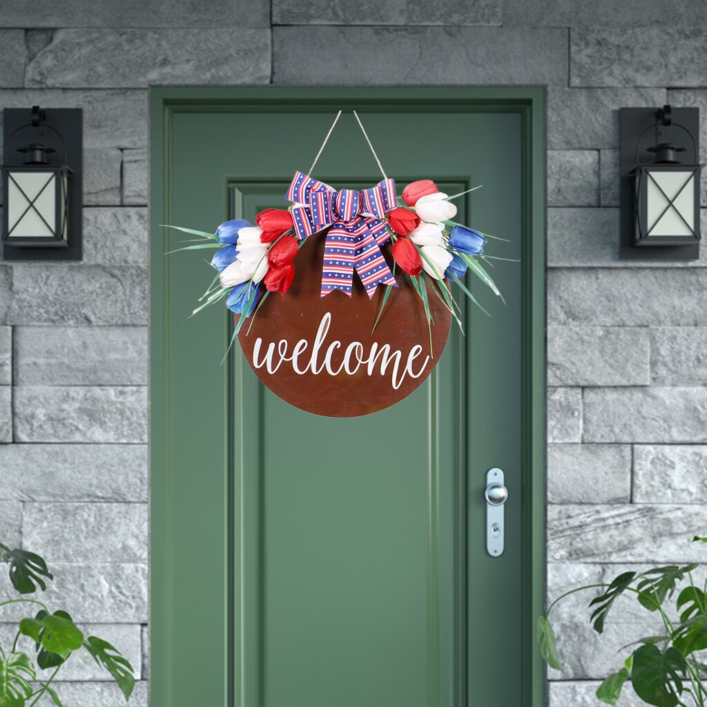 Rustic Welcome Round Wood Sign and Bow Farmhouse Wall Front Door Decoration