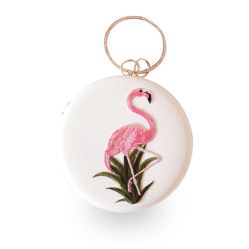 Women's Round Evening Bag - Vintage Style - Flamingo Embroidery - PU Leather - Chain Strap