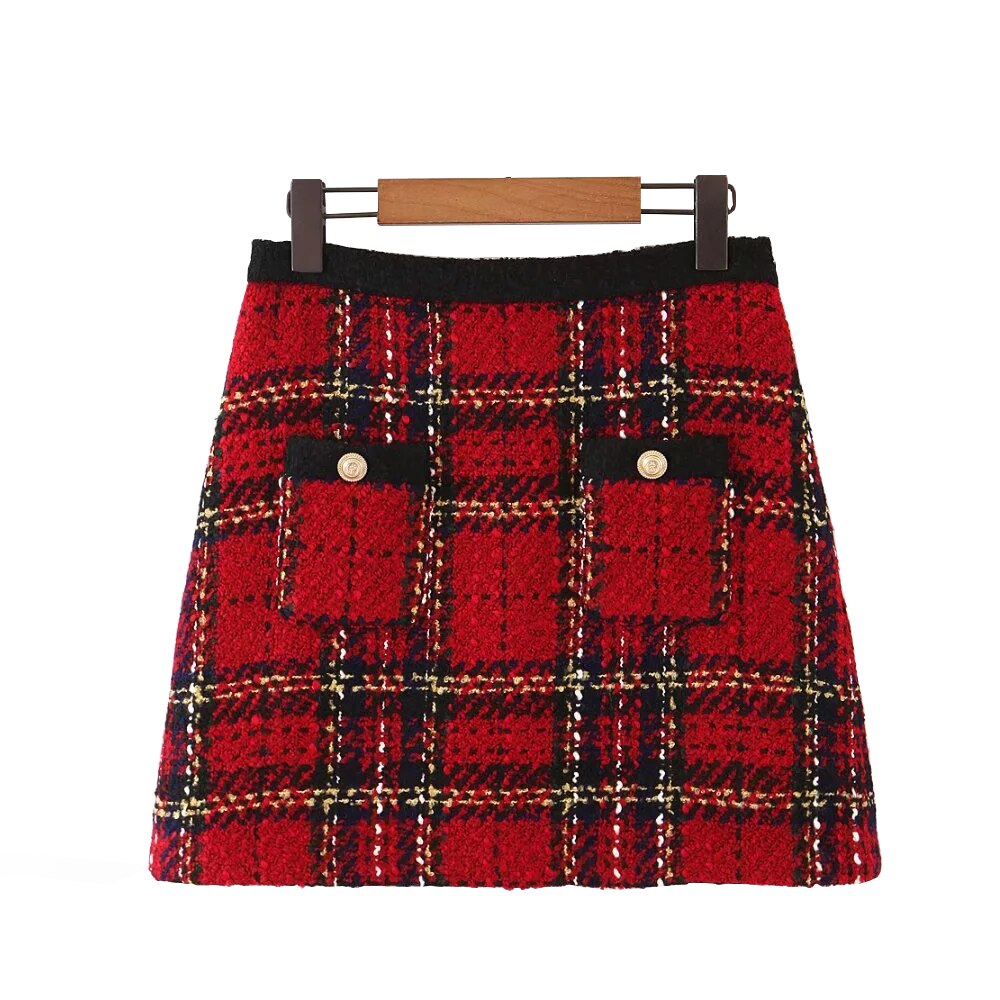 Mini faldas de cintura alta a cuadros para mujer, falda roja Vintage de Tweed, a la , para invierno,: M