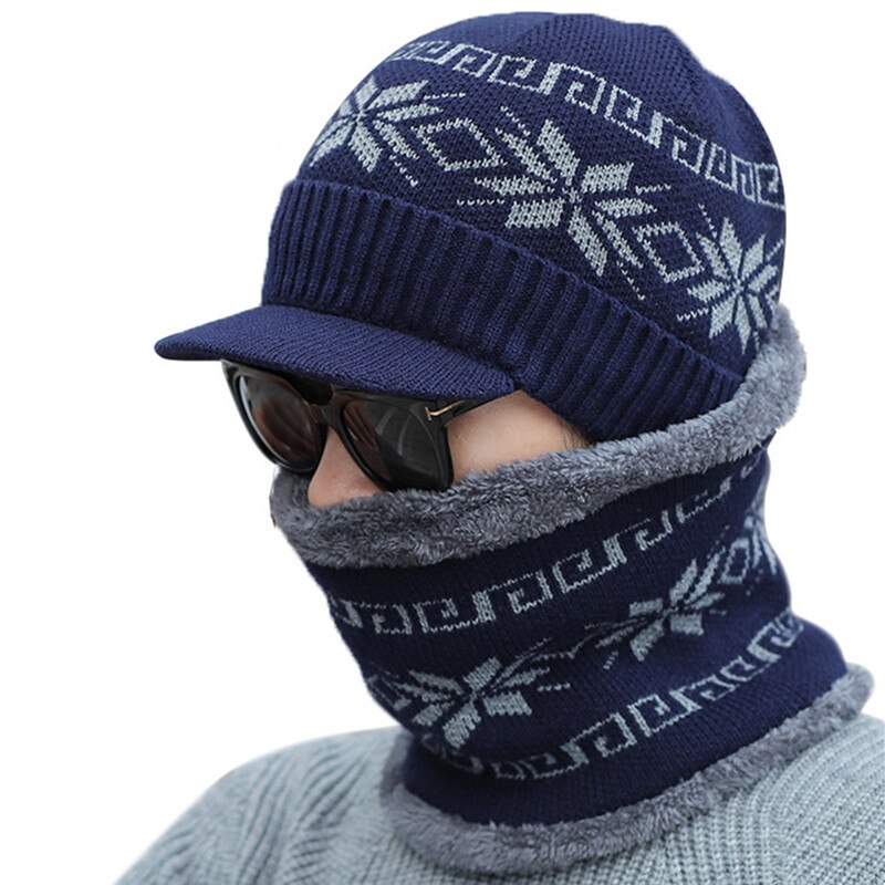 Unisex vinterhue med visir snestil mænds strikhue vinterhuer til kvinder og mænd varm tyk akryl huehue: Marine blå
