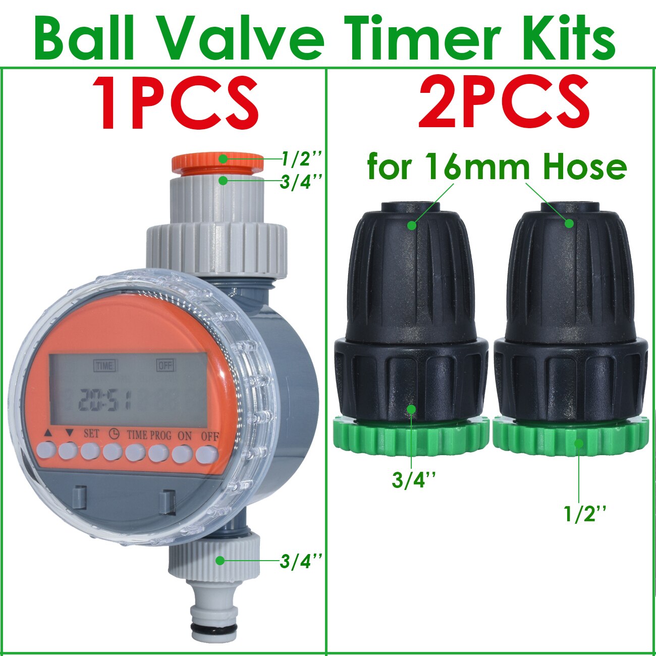 1pcs Watering Timer Rain Sensor Solar LCD Double Dial Ball Valve Controller Garden DripIrrigation 1/2 3/4'' Tap Adapter Solenoid: Ball-Valve-Timer-E