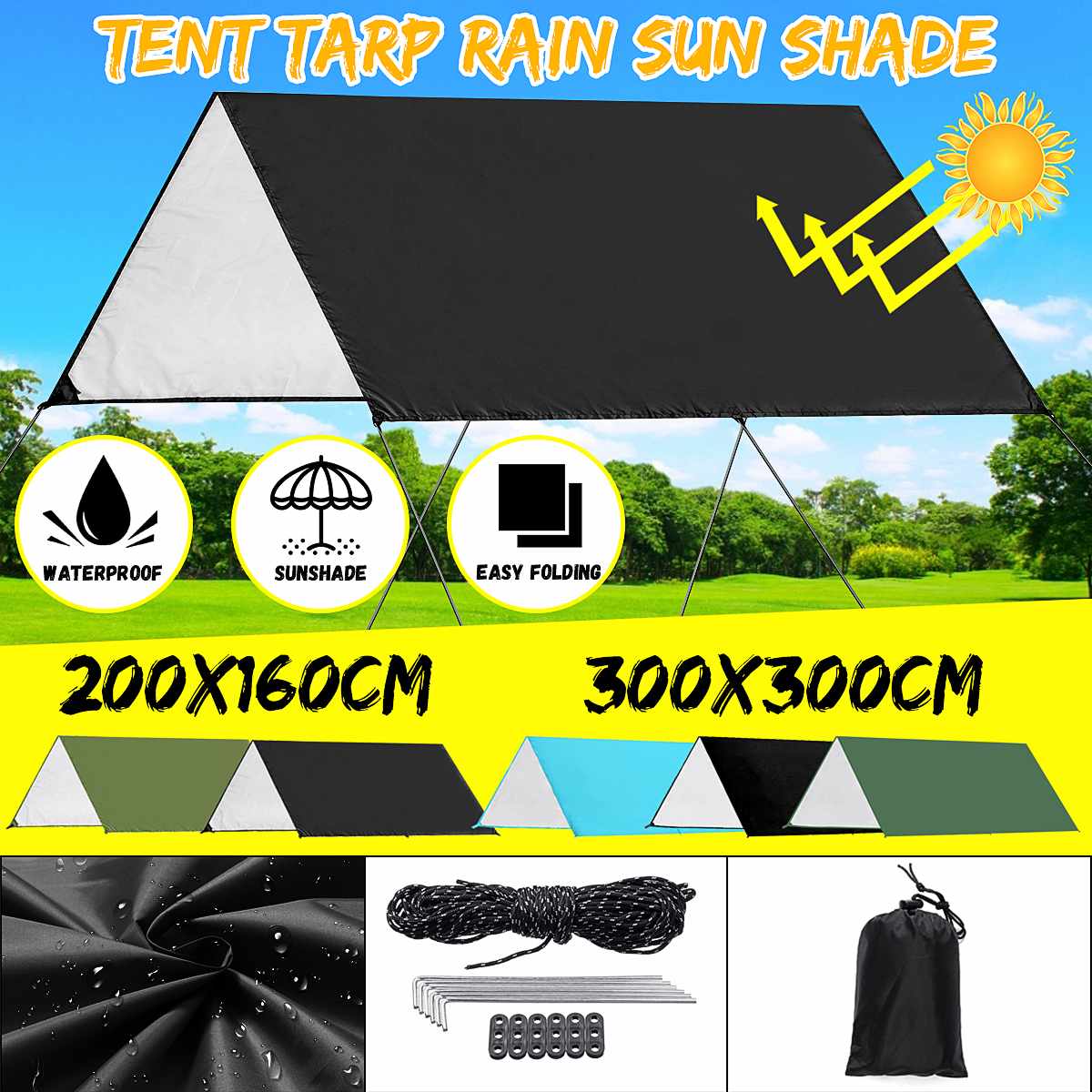 300x300cm Ultralight Tarp Outdoor Camping Survival Sun Shelter Shade Awning Silver Coating Pergola Waterproof Beach Tent 3 Color