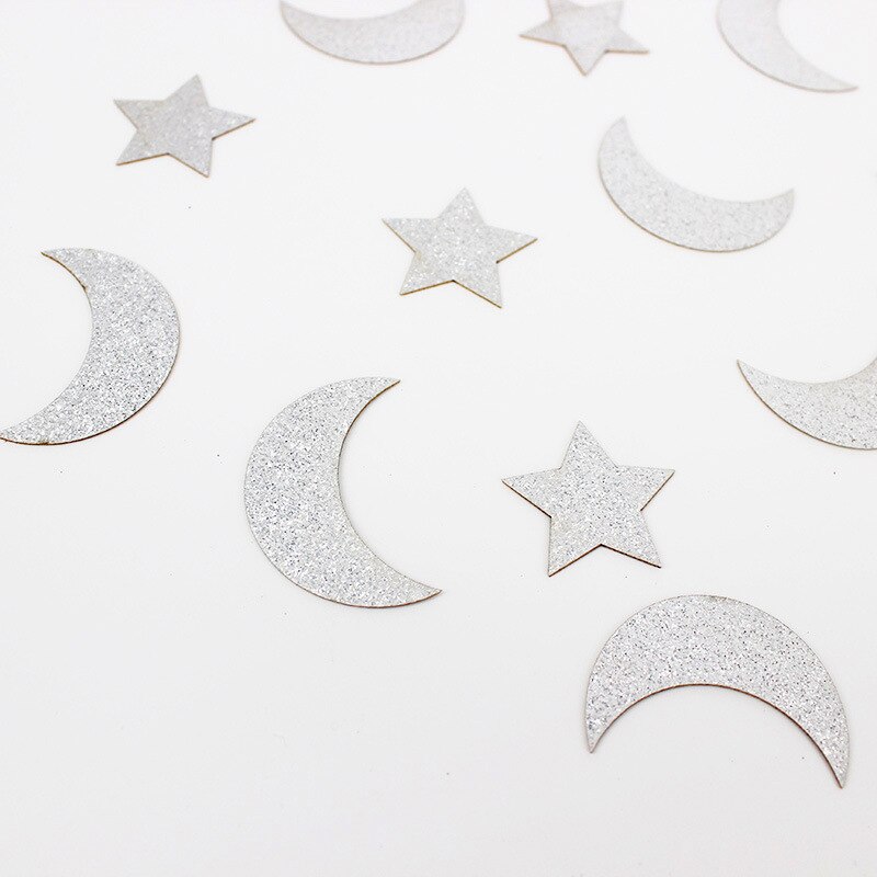 Confeti de papel con forma de luna y estrella para decoración de mesa, suministros de de cumpleaños y boda, con brillo, 100 piezas: silver