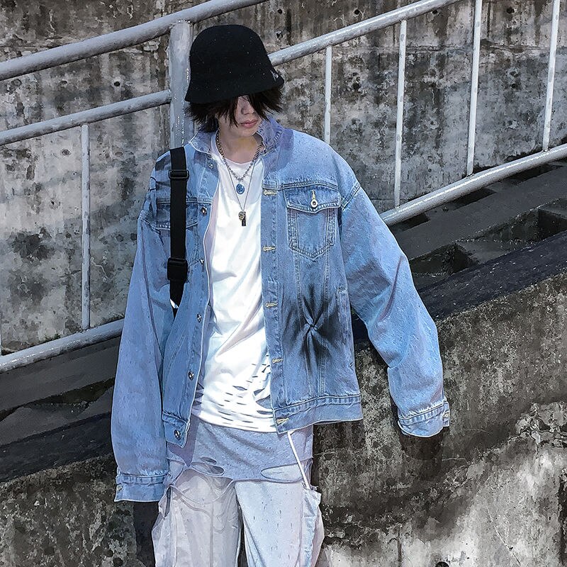 Insta-inspired Graffiti Streetwear Hip Hop Chaqueta Hombre Print Loose Hip-hop Denim Jacket Men High Street Teen Trend Clothes: Light Blue / XL