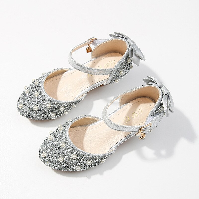 SKHEK dziecięce skórzane buty dla dziewczynek księżniczka kwiat dorywczo brokat dzieci szpilki dziewczęce buty motylkowy węzeł niebieski różowy srebrny: Srebrny / 31